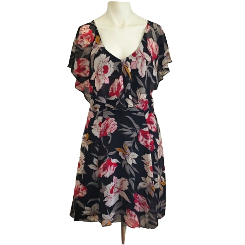 Miami Franceska Women's Floral Ruffle V Neck Tie Open Back Short Chiffon Dress M